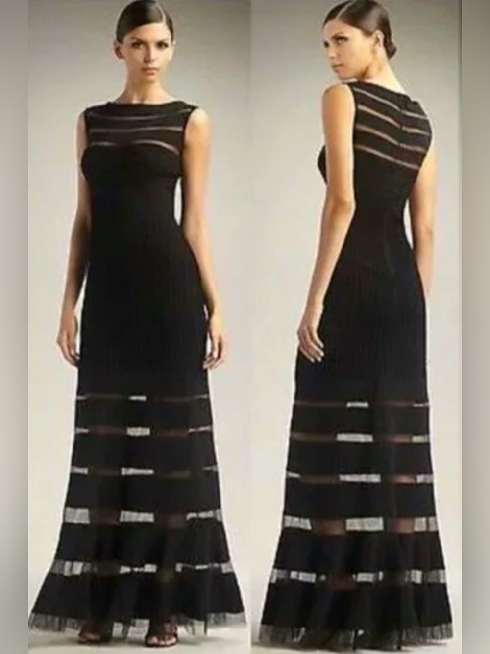 Tadashi Shoji Black Fit Flare Dress Pleated Sleeveless Mesh Hem Size M Elegant